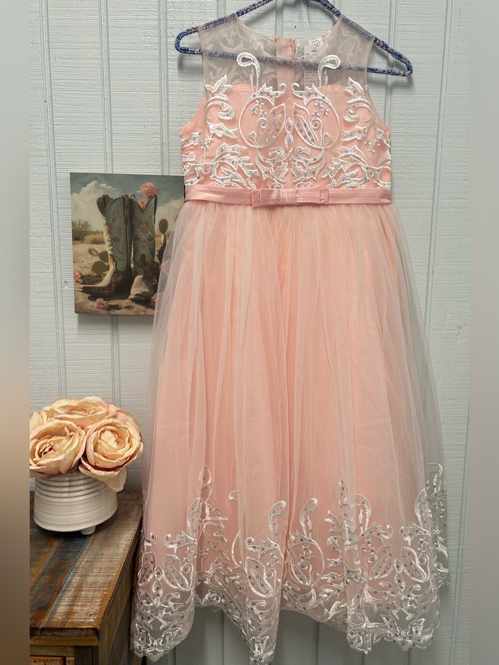 Shrimp Pink Embroidered Tulle Formal Dress